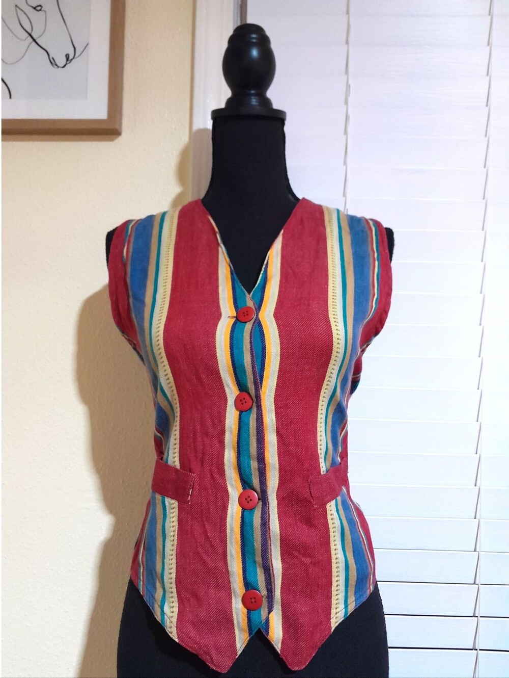 Vintage 90s Bloom Striped Vest S Small Rayon Colorful Boho Festival Cinch Back